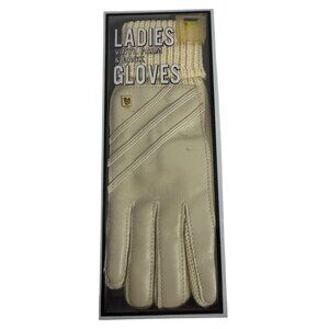 Vintage Ladies Vinyl Palm & Back Gloves With Knit Cuff Cream New In Box